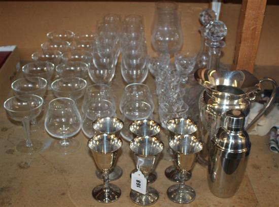 Small collection of drinking glassware & 3 various decanters, modern plated engraved cocktail shaker and 6 goblets